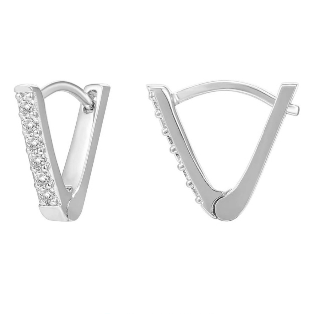 14K White Gold Plated V-Shaped Huggie Cubic Zirconia Earrings